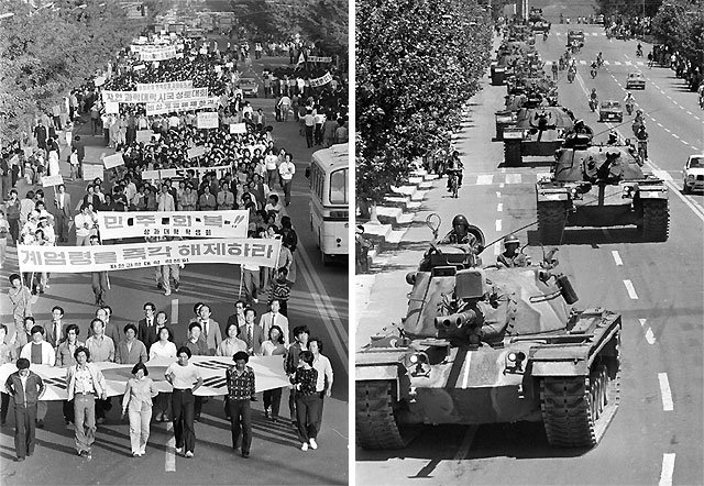 1980년 5월 16일 전남도청 앞에서 열린 ‘민족민주화대성회’.(왼쪽 사진) 전남대 학생들을 비롯해 수많은 광주 시민들, 고등학생들도 이 집회에 참여했다. 그렇게 5·18의 서막이 열렸다. 광주 시내로 진입하는 계엄군 장갑차.(오른쪽 사진) 5월 18일 오후 4시경 시위대 진압을 위해 공수부대가 광주 도심에 투입되자 상황이 급변했다. 공수부대는 시민이 조금이라도 모이면 즉시 해산하라며 총칼을 휘둘러 숱한 희생자를 낳았다. 5·18기념재단 제공