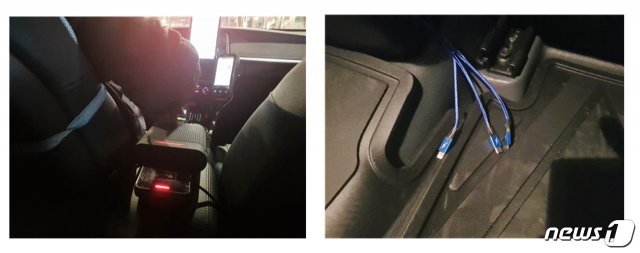 웨이고블루 차량 내 비치된 공기청정기(왼쪽), USB포트(오른쪽) © 뉴스1