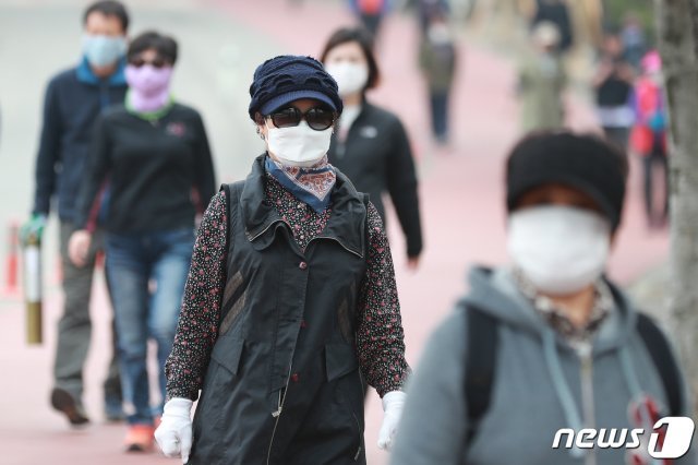 대구의 미세먼지 농도가 ‘나쁨’ 또는 ‘매우 나쁨’ 수준을 보인 20일 오전 대구 두류공원에서 미세먼지 마스크를 쓴 시민들이 산책로를 지나고 있다. 2019.3.20/뉴스1 © News1