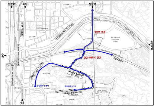 용인시 상갈동 금화마을 인근에서 기흥역 방면 및 국도42호선 우회도로 연결 계획도.