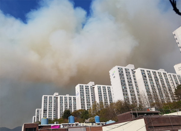 부산 해운대 운봉산 불 기장쪽 확산…헬기 13대·900명 투입 총력 대응/ 트위터 캡처.