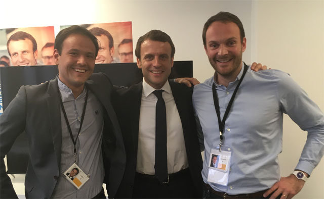 세드리크 오 프랑스 디지털 담당 장관(왼쪽)이 2017년 5월 대선 당시 파리 대선 캠프에서 에마뉘엘 마크롱 대통령(가운데)과 함께 찍은 사진. 세드리크 오 제공