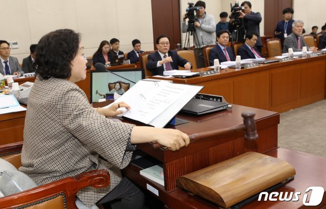 인재근 국회 행정안전위원회 위원장이 4일 오후 서울 여의도 국회에서 열린 행안위 전체회의에서 진영 행정안전부 장관 후보자 인사청문회 보고서를 채택하고 있다. 2019.4.4/뉴스1