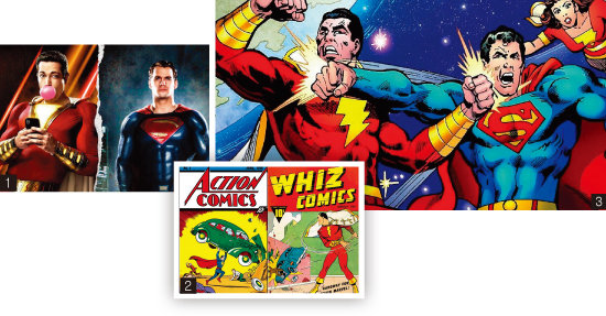 1 영화 ‘샤잠!’과 ‘슈퍼맨’ 주인공 포스터. 2 ‘슈퍼맨’과 샤잠이 ‘캡틴 마블’이던 시절의 표지. 3 ‘슈퍼맨 대 샤잠!’ 2013년 2월호 표지 이미지. [사진 제공 · 워너브라더스코리아, 위키피디아, DC코믹스]