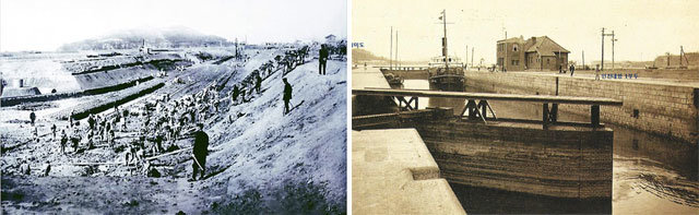 1918년 재래식 갑문이 완공된 인천항 1부두 모습(왼쪽 사진). 현재와 크게 다르지 않다. 인천 화도진도서관 제공