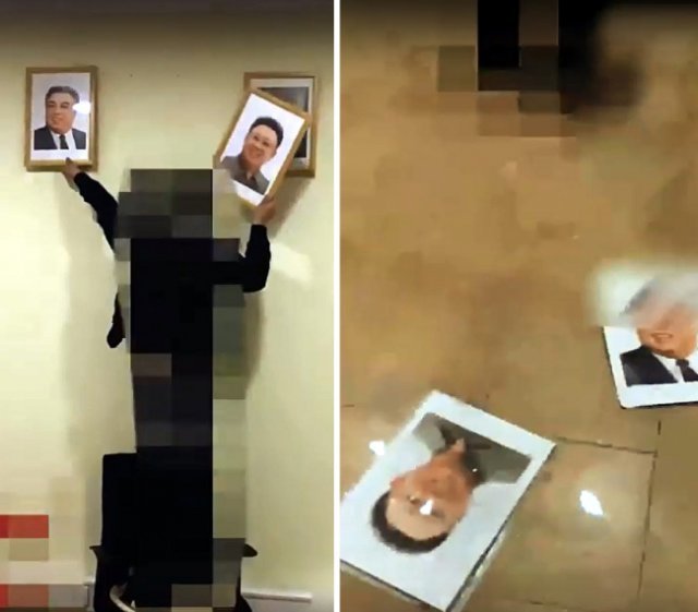 ‘자유조선’은 3월 20일 한 남성이 김일성, 김정일 초상화를 벽에서 떼어내는 동영상을 공개하며 북한에서 촬영했다고 주장했다. [자유조선 홈페이지 동영상 캡처]