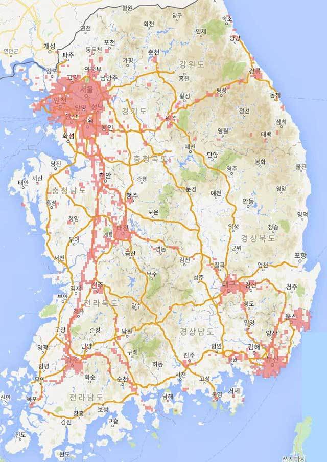 < KT가 공개한 5G 서비스 지역, 출처: KT >