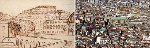 1840년 이탈리아 나폴리를 방문했던 안데르센이 그린 나폴리의 풍경(왼쪽). 마이클 부스는 “나폴리의 베수비오산 등을 둘러본 안데르센의 여행 추억은 그의 소설 ‘즉흥시인’ 등에 고스란히 녹아 있다”고 설명한다. 오른쪽은 현재의 나폴리 모습. 글항아리 제공