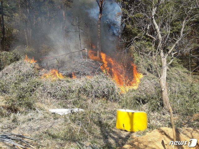 지난 2일 오후 3시18분쯤 부산 해운대 운봉산 3부 능선 인근에서 불길이 임야로 번지는 모습.(부산지방경찰청 제공)© 뉴스1