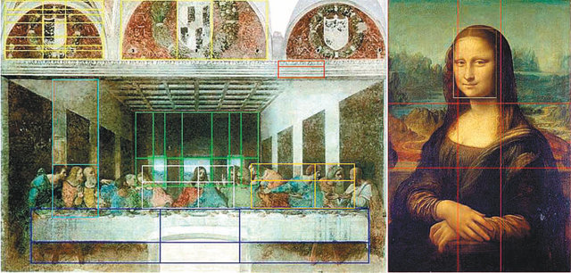 ‘최후의 만찬’(왼쪽 그림)과 ‘모나리자에 나타난 황금사각형.