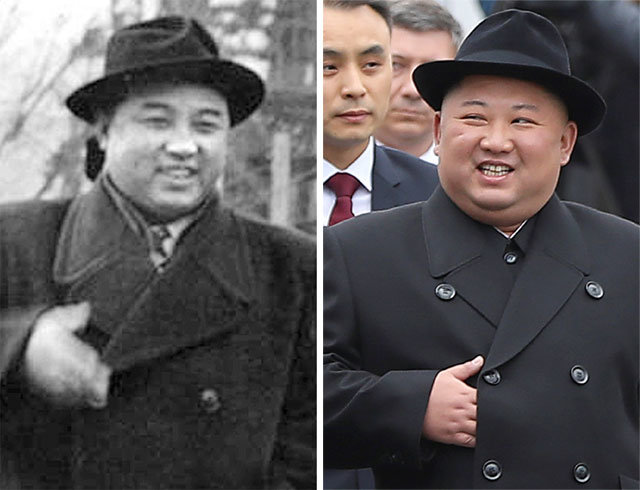 24일(현지
 시간) 오후 러시아 블라디보스토크역에 도착한 김정은 북한 국무위원장(오른쪽)이 중절모에 검은색 코트 차림으로 할아버지인 김일성 
주석 따라하기에 나서 눈길을 끌었다. 왼쪽 사진은 1953년 11월 김일성 주석이 베이징을 찾았을 때 모습. 사진 출처 
윌슨센터·AP뉴시스