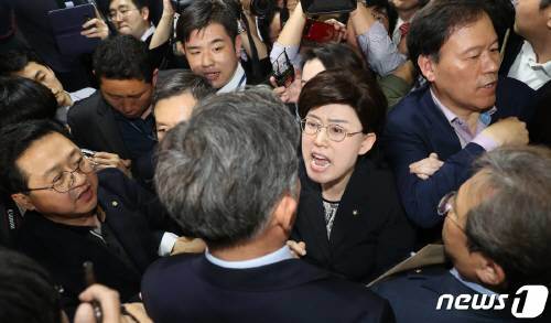 강병원,표창원,백혜련 등 더불어민주당 의원들이 25일 오후 서울 여의도 국회 의안과에 공수처법을 제출하려 하자 최연혜, 신보라 등 자유한국당이 문 앞에서 막고 있다. 사진=뉴스1