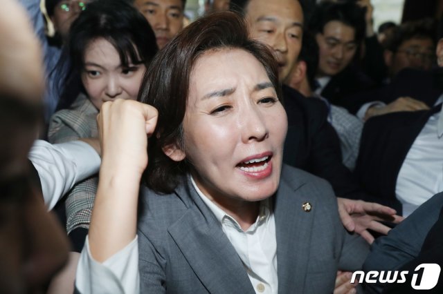 나경원 자유한국당 원내대표가 25일 오후 서울 여의도 국회 의안과 앞에서 구호를 외치며 더불어민주당 관계자들의 의안과 진입을 저지하고 있다. 2019.4.25/뉴스1 © News1