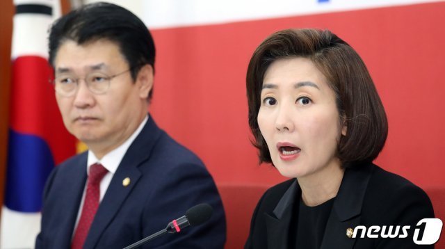 나경원 자유한국당 원내대표가 1일 서울 여의도 국회에서 反헌법 패스트트랙 7일간 저지투쟁 관련 기자회견을 하고 있다. 2019.5.1/뉴스1 © News1