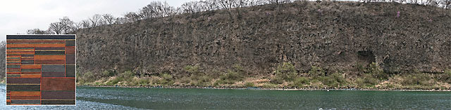 2.5km에 달하는 현무암으로 만들어진 임진강 주상절리 절벽과 수직 수평으로 교차된 띠가 특징인 클레의 ‘현재 그리고 여섯 개의 기준, 한계점’작품(부분·1929년).