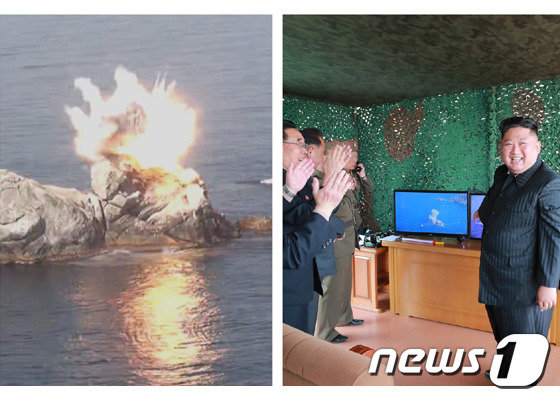 조선중앙통신 등 북한 매체들은 5일 김정은 국무위원장의 참관 아래 전날(4일) 동해상에서 전연(전방) 및 동부전선 방어 부대들의 화력타격훈련을 했다고 보도했다. (사진제공=노동신문) / 2019.5.5 © 뉴스1