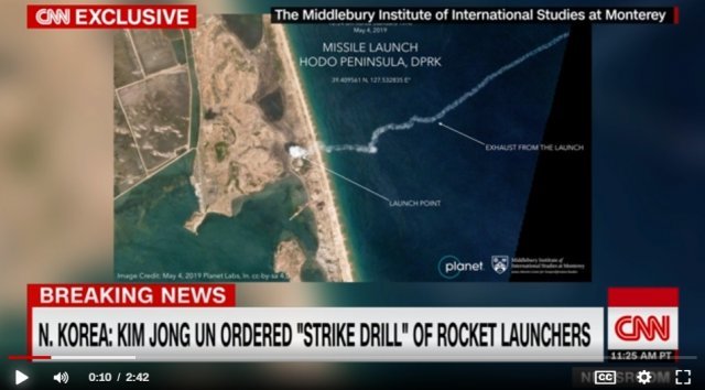 미국 CNN방송이 북한이 3일 단거리 탄도미사일을 발사한 것으로 추정된다면서 그 근거로 위성 사진을 제시하고 있다.  © CNN 화면 캡처