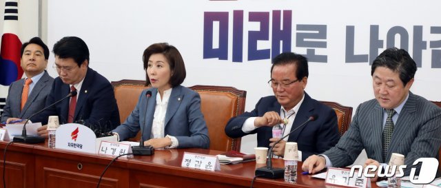 나경원 자유한국당 원내대표가 8일 서울 여의도 국회에서 열린 중진의원 회의에서 모두발언을 하고 있다. 2019.5.8/뉴스1 © News1