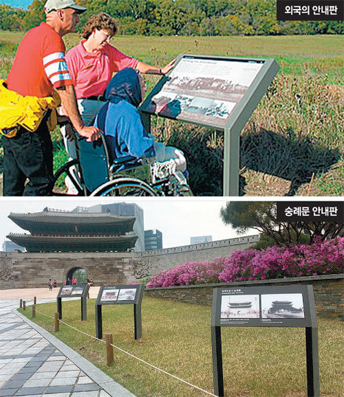미국 국립공원 중 하나인 미시간주 리버 레이즌 내셔널 배틀필드 파크에 설치된 안내판. 휠체어를 타고 접근하는 데 불편이 없도록 해놓았다.(위쪽 사진) 숭례문 역사를 설명해주는 안내판들. 보도와 분리된 잔디밭에 세워져 휠체어를 탄 장애인들이 접근하기 힘들다.
