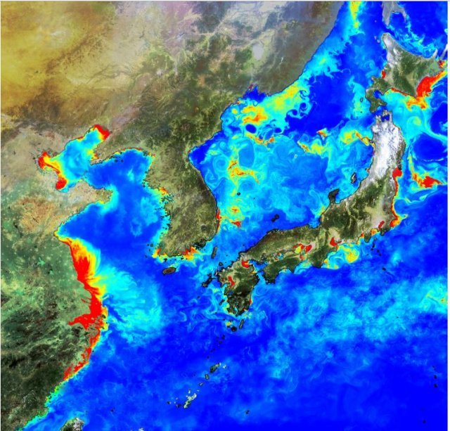 GOCI가 한달동안 한반도 인근 해안을 촬영한 영상에서 구름을 제거했다. 해역별 식물성 플랑크톤의 생산능력을 알 수 있으며 대기로부터 이산화탄소 흡수량을 추정해 동해가 기후변화에 미치는 영향을 알아낼 수 있다. 한국해양과학기술원 제공