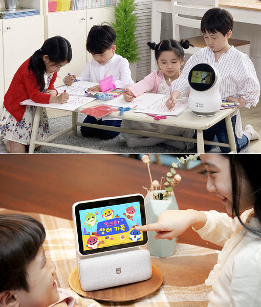 새로 출시한 인공지능(AI) 기기들이 어린이들을 위한 ‘키즈 콘텐츠’를 핵심 경쟁력으로 내세우고 있다. 사진은 16일부터 판매하는 LG전자의 홈로봇 ‘LG 클로이’(위쪽)와 SK텔레콤이 4월 출시한 ‘누구 네모’. 사진제공｜LG전자·SK텔레콤
