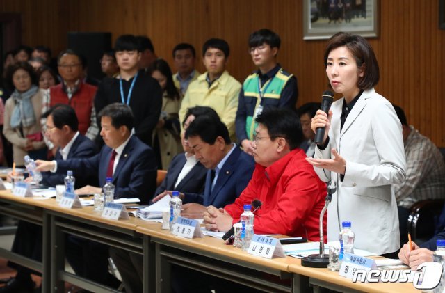 나경원 자유한국당 원내대표가 13일 강원 산불 피해지인 고성군 토성면사무소를 방문해 산불 피해 인사말을 하고 있다. 2019.5.13/뉴스1 © News1