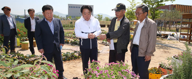 10일 한범덕 청주시장(오른쪽에서 세 번째)이 제8회 도시농업박람회가 열리는 충북 청주시 농업기술센터를 찾아 행사 준비 상황을 점검하고 있다. 청주시 제공