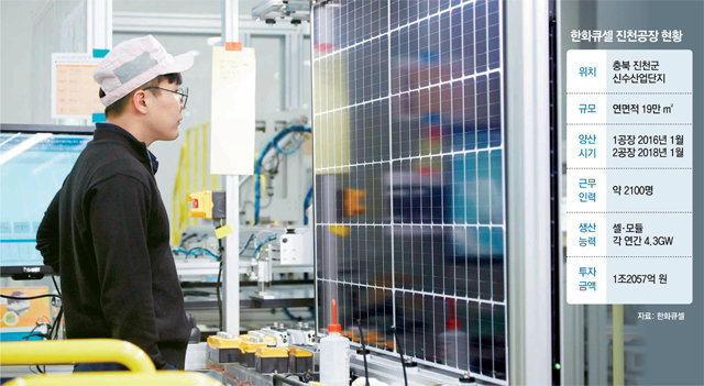 충북 진천군 한화큐셀 진천공장에서 한 직원이 제조 중인 태양광 발전용 셀을 살펴보고 있다. 한화큐셀 제공