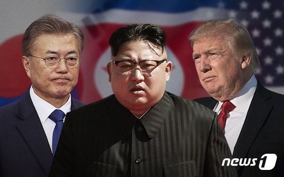 문재인 대통령(왼쪽)과 김정은 북한 국무위원장(가운데), 도널드 트럼프 미국 대통령.© News1 DB