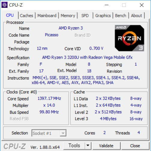 탑재된 AMD 라이젠3 3200U 프로세서의 CPU-Z 정보 (출처=IT동아)