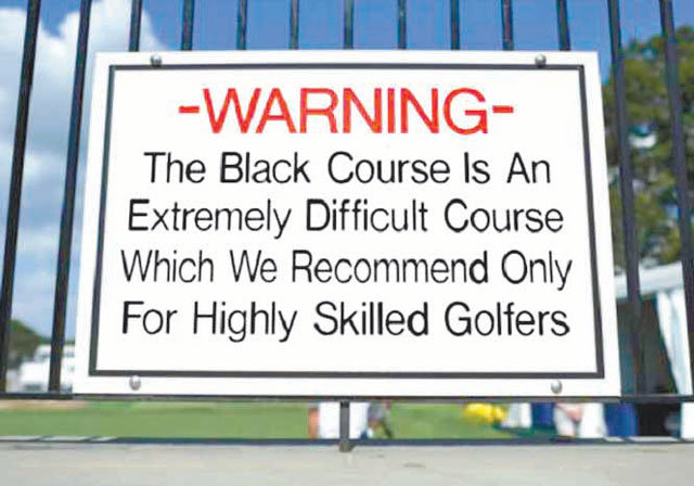 초보 골퍼를 위축시키는 베스페이지 블랙코스의 ‘상급자 환영’ 경고문. 단어 머리글자를 모두 대문자로 표기해 더욱 눈길을 끈다. 사진 출처 PGA 홈페이지