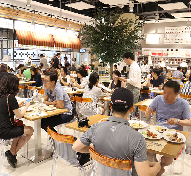 경기 성남시 현대백화점 판교점 이탈리 매장에서 고객들이 식사를 하고 있는 모습. 현대백화점 제공