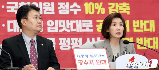 나경원 자유한국당 원내대표가 21일 서울 여의도 국회에서 열린 원내대책회의에서 모두발언을 하고 있다. 2019.5.21/뉴스1 © News1