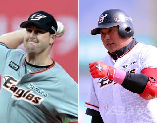 한화 서폴드(왼쪽)-김태균. 스포츠동아DB