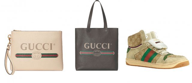 구찌 프린트(Gucci Print) 러기지 라인과 구찌가 봄 여름 컬렉션에서 선보인 스크리너(Screener) 스니커즈(오른쪽).