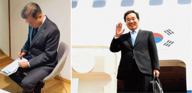 지난해 10월 벨기에 브뤼셀에서 열린 ASEM(아시아   ·  유럽정상회의)에서 문재인 대통령은 대기실에서 연설문을 수정하다 단체사진 촬영을 하지 못했다. (왼쪽) 5월 6일 대통령 전용기 공군1호기를 타고 콜롬비아를 방문한 이낙연 국무총리. 일본 오사카에서 열리는 G20 정상회의에도 그가 참석할 가능성이 있다. [사진 제공 ·청와대, 사진 제공 ·국무조정실, 국무총리비서]