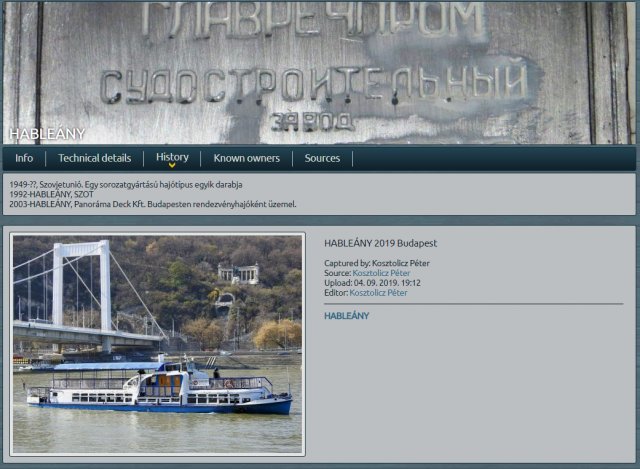 29일(현지 시간) 헝가리 부다페스트 다뉴브강에서 침몰한 유람선 ‘허블레아니(hableany)’ 호에 대한 선박기록 정보사이트 헤이저리지스터의 소개 글. 70년 전 구소련 조선소에서 건조됐음을 보여준다. 출처 hajoregiszter.hu
