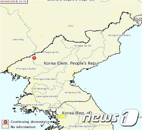 OIE에 보고된 북한의 아프리카돼지열병 발생지역.(자료사진) 2019.05.31. © 뉴스1