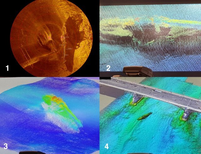 현재까지 공개된 허블레아니호 소나 사진. 1번은 1일 체코 구조팀이 제공, 2번~4번은 3일 헝가리 지휘본부가 공개. 1번에서 보면 선체가 좌측으로 비스듬히 기운 것으로 확인됐다. 2번~4번은 3차원 사진으로 보다 정확한 위치가 표시됐다. © News1