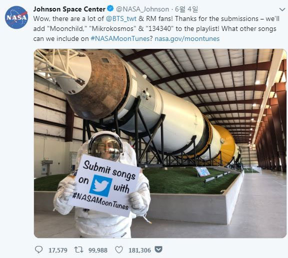 달 탐사 우주선에서 재생할 노래를 추천받고 있는 미국 항공우주국이 4일(현지 시간) 방탄소년단 노래 3곡을 듣겠다고 밝혔다. NASA 존슨 우주센터 트위터 캡처
