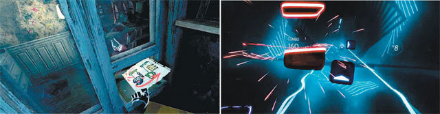 방탈출 VR게임에서 플레이어가 가상현실 속에 등장한 서류 한 장을 집어 들기 위해 손을 뻗고 있다(왼쪽 사진). 오른쪽 사진은 게임 ‘비트 세이버’에서 플레이어가 음악에 따라 날아오는 물체를 가상의 칼로 깨는 장면. 스코넥엔터테인먼트 제공