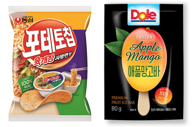 농심 포테토칩 육개장사발면맛(왼쪽 사진), 돌 애플망고바. 각 사 제공