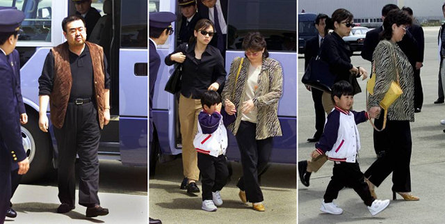 2001년 도미니카 위조여건으로 일본에 밀입국 하려다 적발된 김정남 (맨 왼쪽)과 그의 가족.