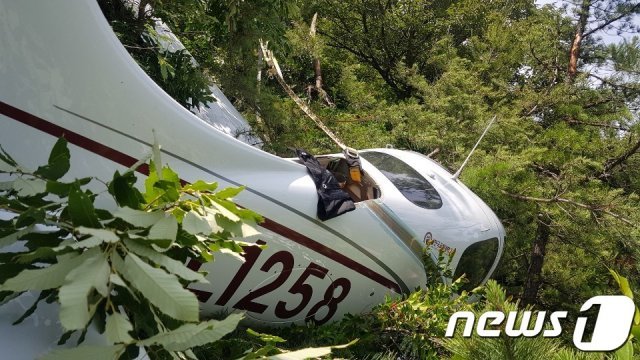 13일 오후 2시쯤 전남 여수시 소라면 소라초등학교 뒷편 야산에 경비행기가 추락했다. 탈출한 조종사는 낙하산이 고압전선에 걸렸지만 119에 의해 구조됐다.(여수소방서 제공) 2019.6.13 /뉴스1 © News1