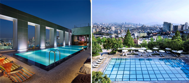 루프톱 풀에서 파티를 즐기고 싶다면 L7홍대(왼쪽 사진), 탁 트인 도심의 야외
 수영장을 원하면 그랜드하얏트 서울을 추천한다. 각 호텔 제공