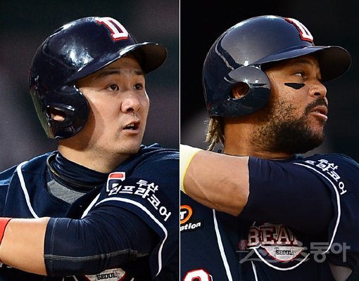 두산 최주환(왼쪽)-페르난데스. 스포츠동아DB