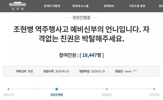 조현병 운전자의 역주행 사고로 결혼을 앞두고 목숨을 잃은 예비신부의 유가족이 지난 19일 오후 청와대 국민청원 홈페이지에 올린 글.(청와대 국민청원 홈페이지 캡처)© 뉴스1