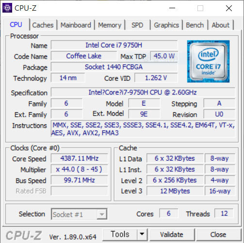 CPU-Z로 확인한 9세대 인텔 코어 i7-9750H의 정보 (출처=IT동아)