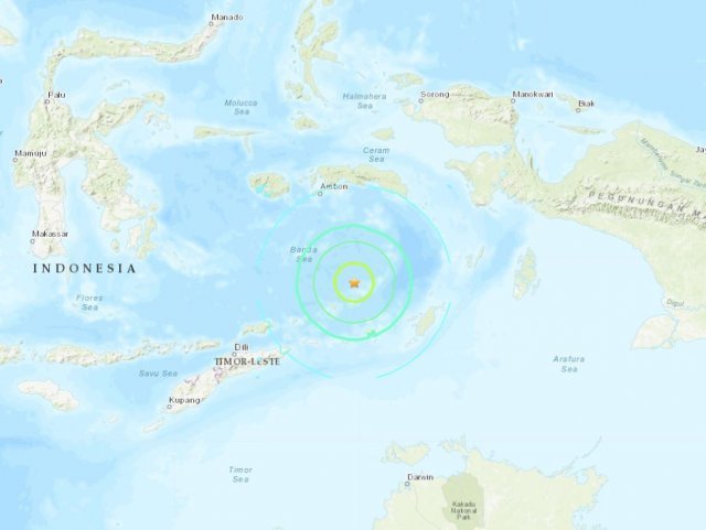 인도네시아 동부 반다해에서 규모 7.3 강진이 발생했다. 지진 발생 장소는 사진 속 별표. <출처=미국 지질조사국> © 뉴스1