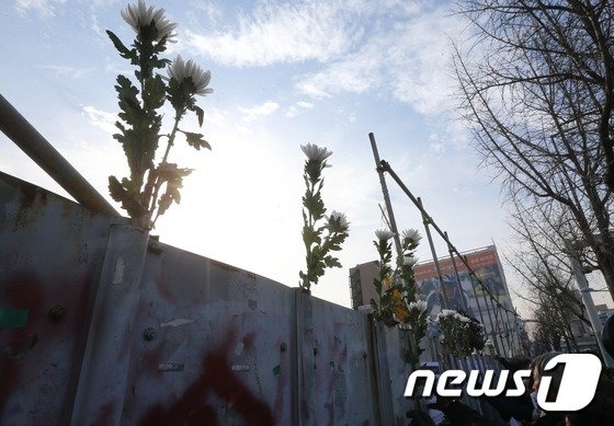 13일 서울 용산구 남일당 터에서 시민사회인권 단체회원들과 용산참사 유가족들이 ‘용산참사 6주기(1월20일)’ 추모주간 선포 기자회견을 마치고 남일당 터 가림막에 국화를 꽃아 놓고 있다. 2015.1.13/뉴스1 © News1